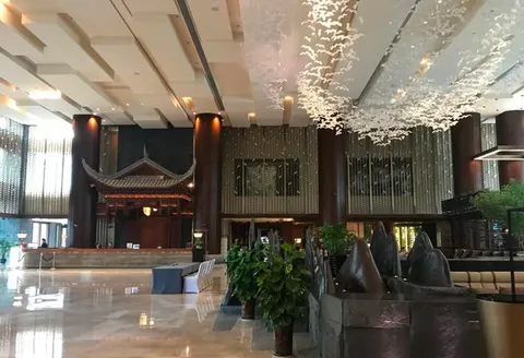 Hall dell’hotel Neodalle con decorazione sospesa, reception e fontana