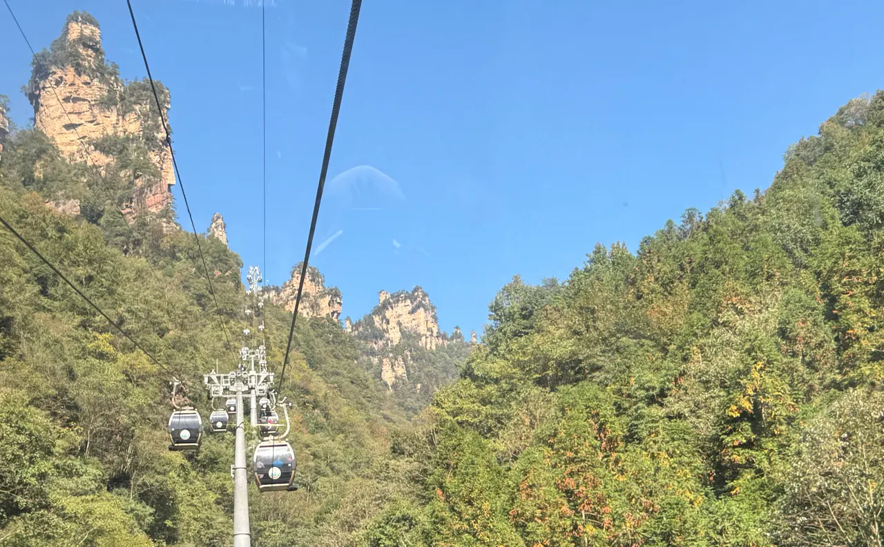 Vista da una cabina della funivia del monte Tianzi su altre cabine, foresta e picchi di arenaria